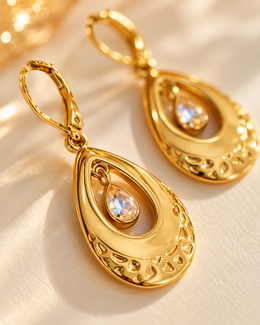 Brincos Carlota, brincos de gota dourados com zircónia (pormenor 4) — Solène Lisboa
