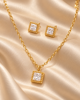 Conjunto Gala, colar e brincos com zircónia quadrada (pormenor 3) — Solène Lisboa