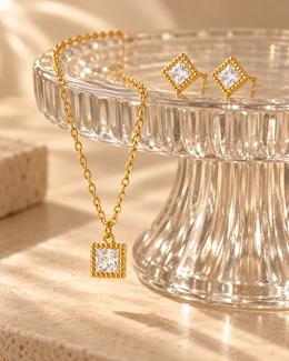 Conjunto Gala, colar e brincos com zircónia quadrada (pormenor 6) — Solène Lisboa