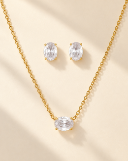 Conjunto Oval, colar e brincos dourados com zircónia oval — Solène Lisboa