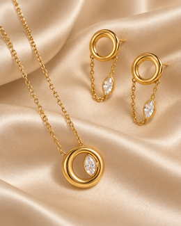 Conjunto Eclipse, colar e brincos com círculo e zircónia marquise (pormenor 1) — Solène Lisboa