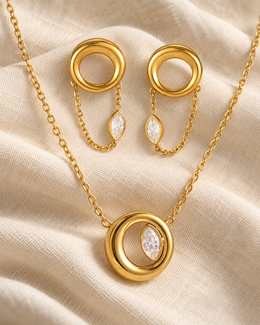 Conjunto Eclipse, colar e brincos com círculo e zircónia marquise (pormenor 2) — Solène Lisboa