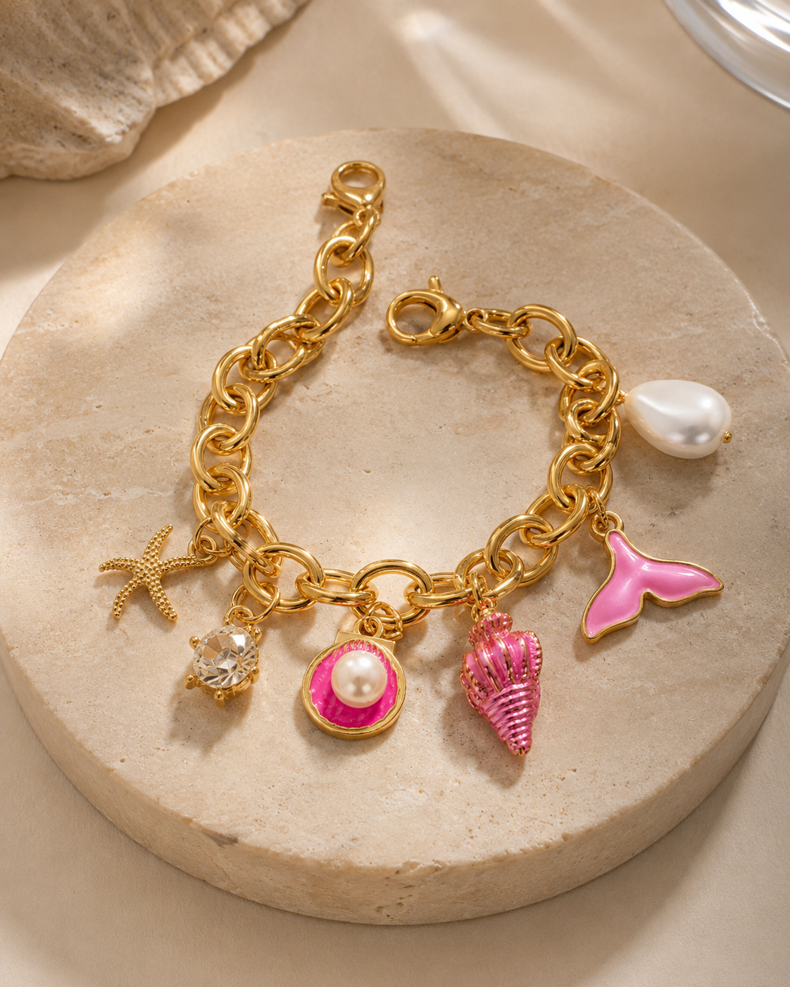 pulseira rosa conchinhas