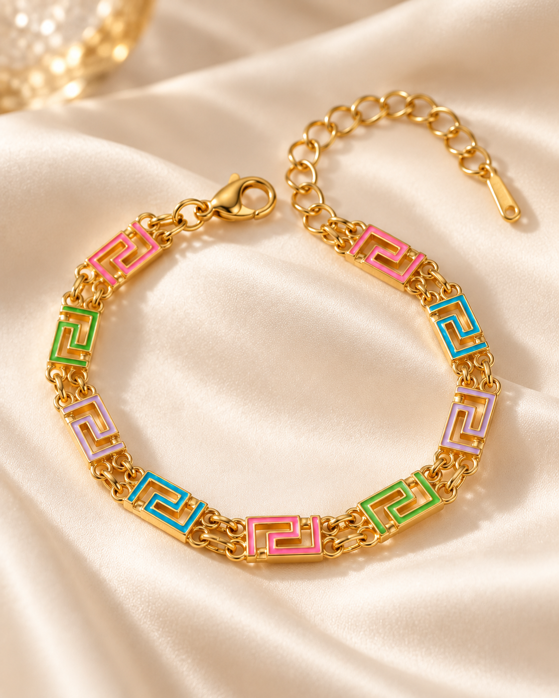 Pulseira Santorini, pulseira dourada de padrão grego colorido (pormenor 1) — Solène Lisboa