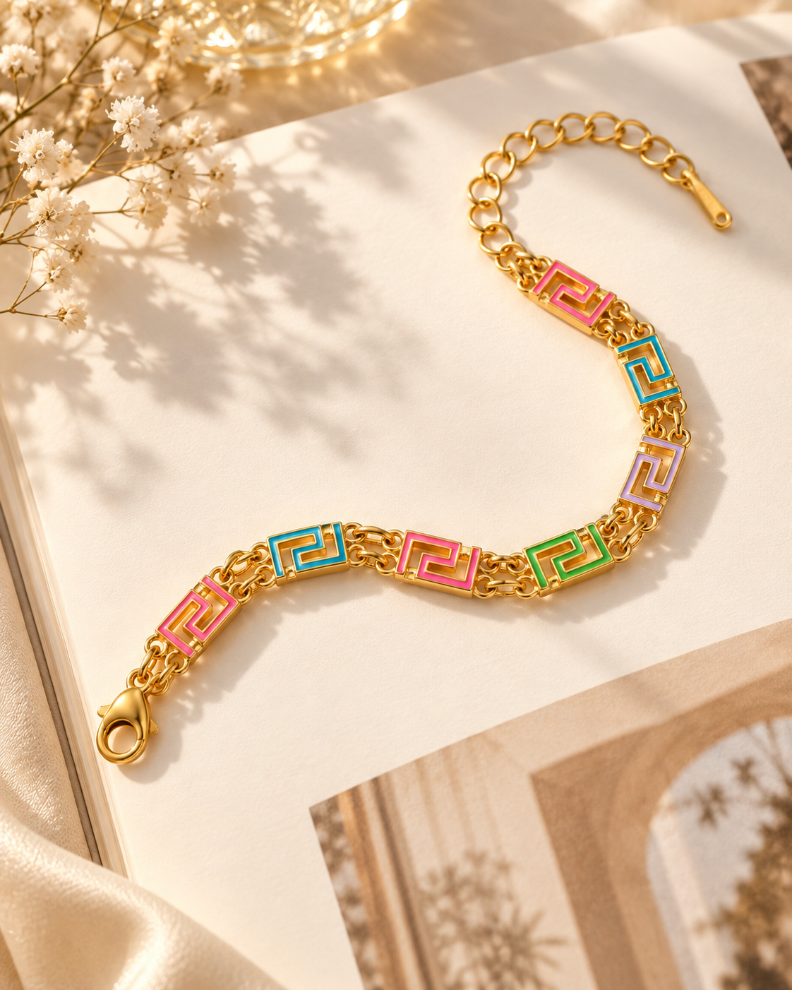 Pulseira Santorini, pulseira dourada de padrão grego colorido (pormenor 4) — Solène Lisboa